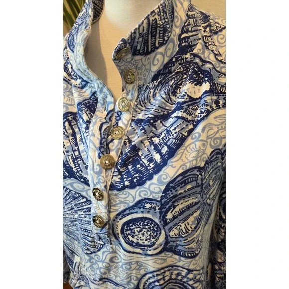 Lilly Pulitzer Blue White Shell Print Quarter Zip Long Sleeve Pullover Women's L - Picture 7 of 9